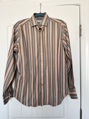 Thomas Dean Brown Striped Dress Shirt with Multicolor Accents